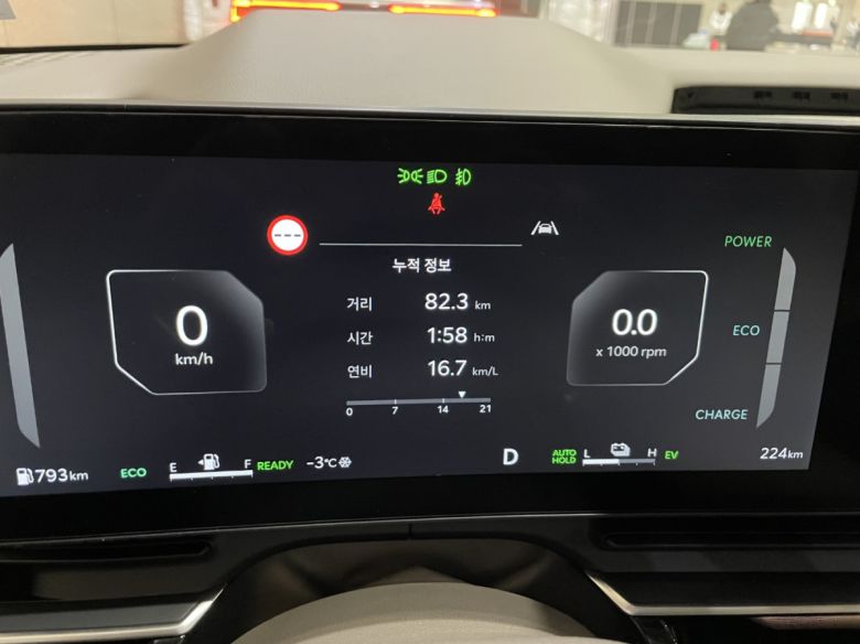 '더 뉴 카니발' 계기판. 82km를 주행한 뒤 16.7km/L의 연비를 나타냈다. 시승 모델(7인승, 19인치 타이어)의 공식 연비는 13.5km/L다.