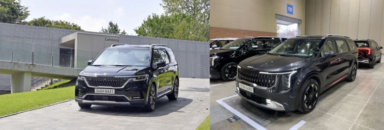 4세대 카니발(왼쪽)과 부분변경 모델 '더 뉴 카니발'. 헤드램프와 그릴의 변화가 눈에 띈다.