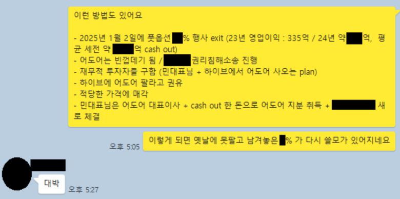 자회사 어도어의 경영권 탈취 시도 여부를 감사 중인 하이브가 중간 감사 결과를 발표했다. 사진은 어도어 경영진 3인의 단체 대화방에서 4일 오간 대화. 부대표의 구상에 대표이사가 답하고 있다. (사진제공=하이브)