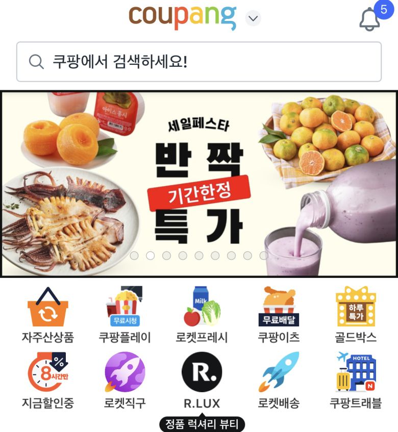 쿠팡 앱 화면 초기 화면에 노출된 '알럭스(R.LUX)'.