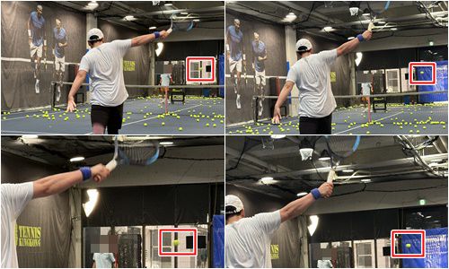 아이폰16프로(왼쪽 위, 아래 사진)와 아이폰14프로로 촬영한 사진. 빨간색 체크 부분은 테니스공의 위치를 나타낸 것으로. 아이폰16프로에서 셔터가 더 빠르게 작동한다.