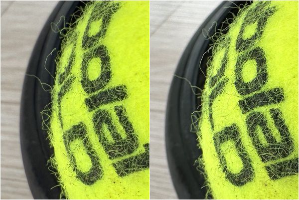 아이폰16프로(왼쪽)와 아이폰14프로로 촬영한 사진. 아이폰16프로로 촬영한 이미지에서 테니스공의 로고와 펠트가 더 선명하다.