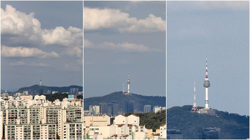 아이폰16프로로 촬영한 남산타워 사진. 왼쪽부터 5배줌, 15배줌, 25배줌.