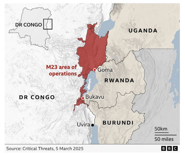 민주콩고공화국 동부에서 M23 반군이 장악한 지역(빨간색). ※5일 기준. 출처 BBC.