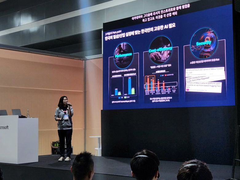 배순민 KT AI퓨처LAB장(상무)가 26일 서울 서초구 양재aT센터에서 열린 '마이크로소프트 AI 투어 인 서울'에서 한국적 AI를 소개하고 있다.