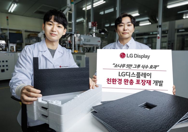 LG디스플레이 직원이 재생 플라스틱 원료 기반 친환경 완충 포장재를 소개하고 있다.
