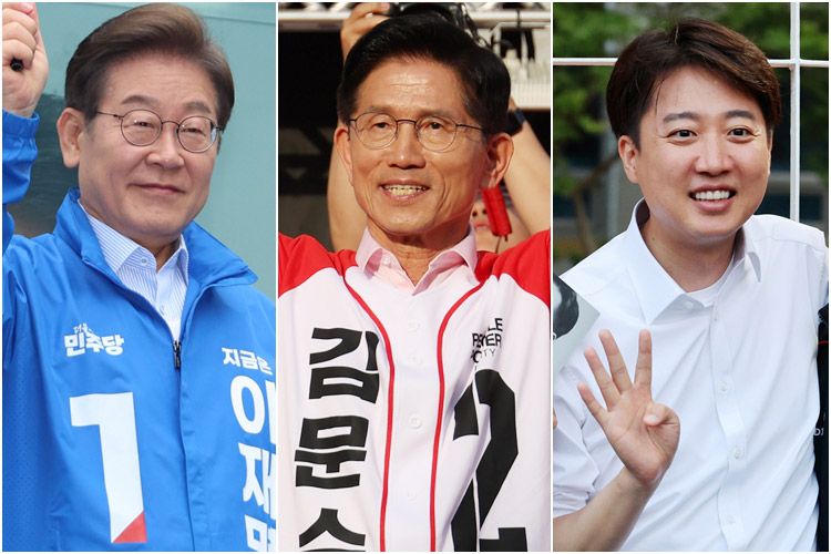 20일 의정부 로데오거리서 유세하는 이재명 후보(왼쪽부터), 하남서 유세하는 김문수 후보, 19일 전남대 유세서 지지자들과 사진 찍는 이준석 후보.