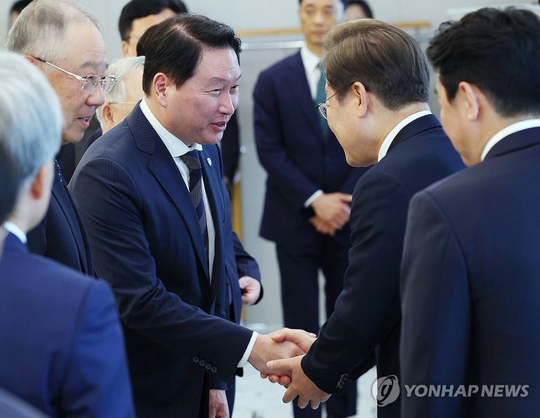 이재명 대통령이 13일 서울 용산 대통령실에서 열린 6경제단체·기업인 간담회에서 최태원 SK그룹 회장 겸 대한상공회의소 회장과 악수하고 있다.