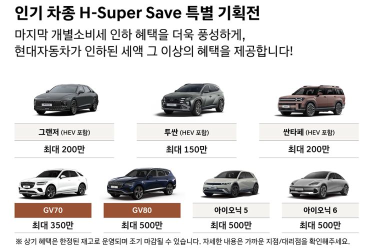 현대차가 인기 차종을 대상으로 할인을 진행하는 'H-Super Save' 특별 기획전.