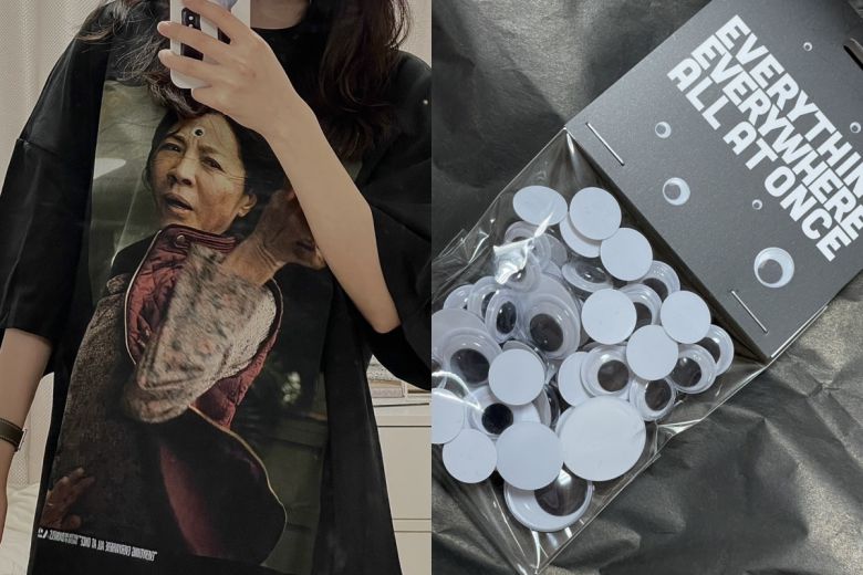 기자가 소장한 영화 '에브리씽 에브리웨어 올 앳 원스'와 국내 아트·패션 커뮤니티 소프트오피스의 협업 상품. (장유진 기자 @yxxj)