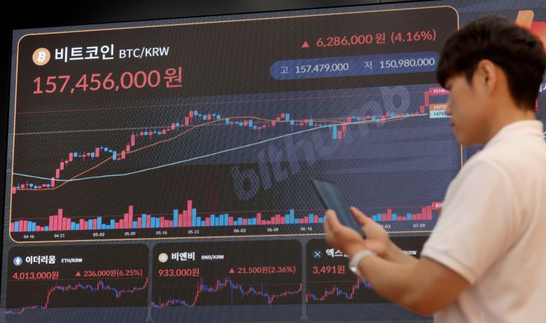 비트코인이 상승세를 보이며 사상 처음 11만6000달러를 넘어서는 등 최고점을 높여가는 가운데 11일 서울 강남구 빗썸라운지 모니터에 비트코인 등 가상자산 실시간 거래가격이 표시되고 있다. 신태현 기자 holjjak@