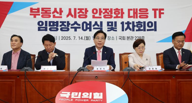 국민의힘 송언석 비상대책위원장 겸 원내대표(가운데)가 14일 국회에서 열린 부동산 시장 안정화 대응 TF 임명장 수여식 및 1차 회의에서 발언하고 있다. 2025.7.14