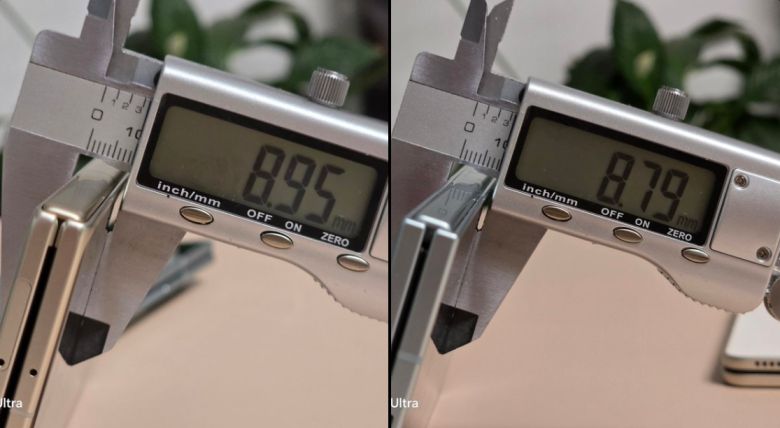 갤럭시 Z폴드7과 매직 V5를 디지털 캘리퍼스를 이용해 측정한 모습. 갤럭시 Z폴드7이 더 얇은 것으로 나타났다.