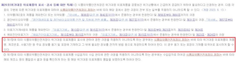 공중보건 위기대응 의료제품의 개발 촉진 및 긴급 공급을 위한 특별법 제20조 항목.