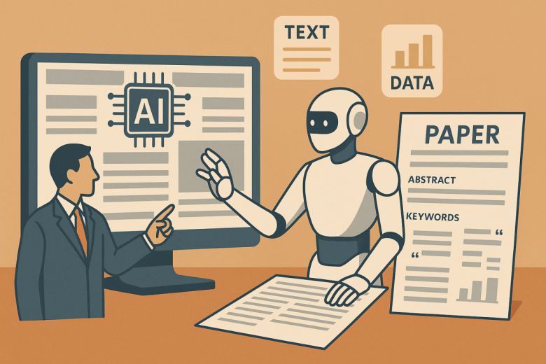 인공지능의 텍스트 및 데이터 분석 방식을 설명하는 참고 이미지가 연구 논문의 초록과 키워드 등 구조화된 정보를 중심으로 AI가 내용을 이해하는 과정을 보여주고 있다.