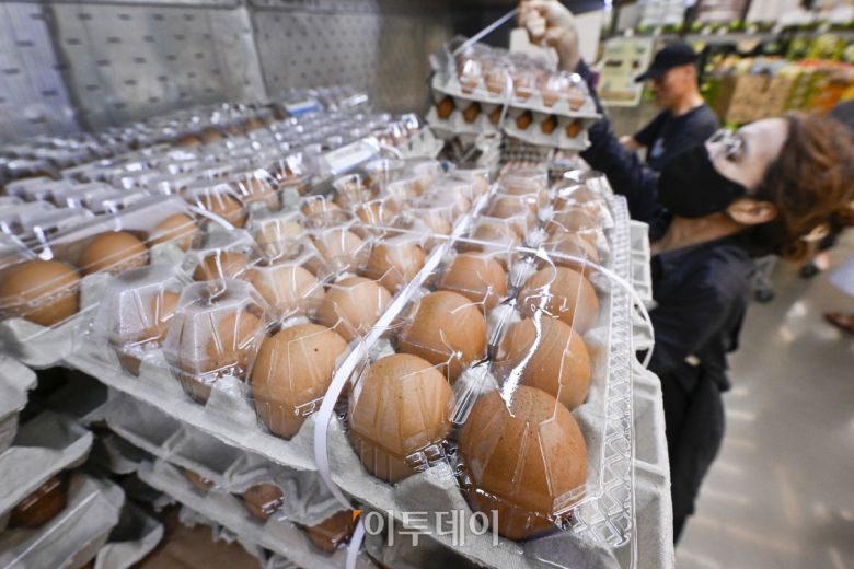 경기 고양시의 한 대형마트에서 시민들이 달걀을 살펴보고 있다.