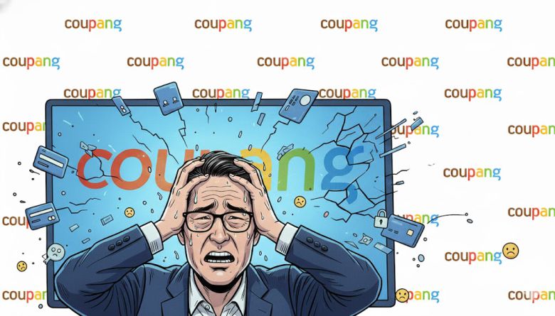 대규모 개인정보 유출로 인해 곤혹스러운 김범석 쿠팡Inc 의장의 모습을 일러스트로 표현한 모습