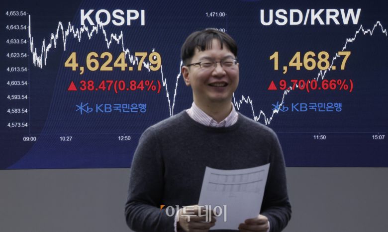 코스피 지수가 7거래일 연속 상승하며 사상 최고치를 경신한 12일 서울 영등포구 KB국민은행 딜링룸 전광판에 코스피, 원·달러 환율이 표시돼 있다. 이날 코스피 지수는 전 거래일보다 38.47(0.84%) 포인트 상승한 4624.79를 나타냈다. 원·달러 환율은 종가 기준 1468.7원을 나타냈다. 조현호 기자 hyunho@