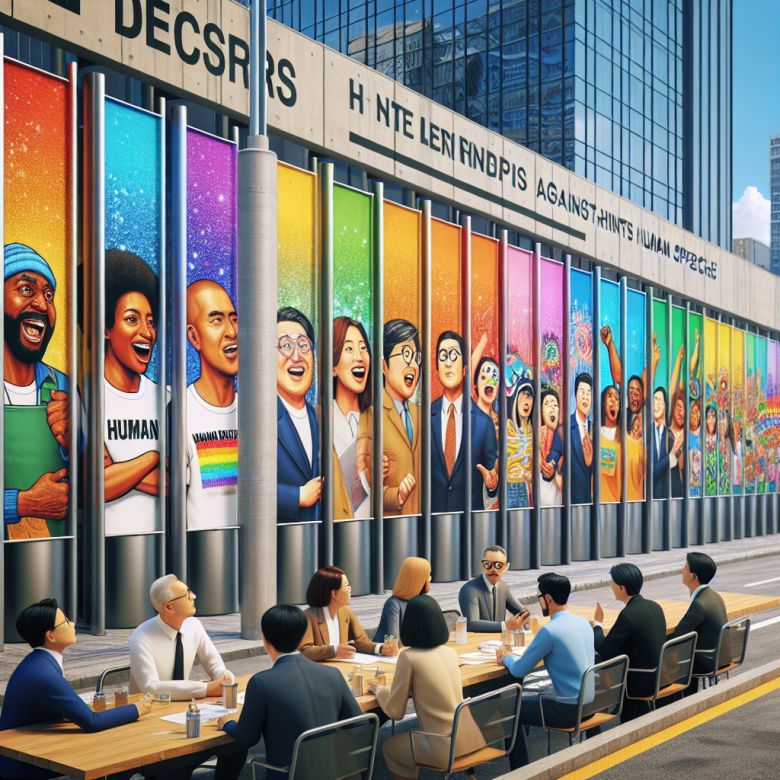 인권과 포용성을 홍보하는 메시지가 담긴 배너 시리즈를 선보이는 수원시의 도시 거리 풍경.