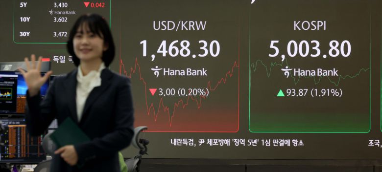 코스피가 사상 처음으로 장중 5000선을 돌파한 22일 오전 서울 중구 하나은행 본점 딜링룸 전광판에 코스피 등 시황이 표시되고 있다. 신태현 기자 holjjak@