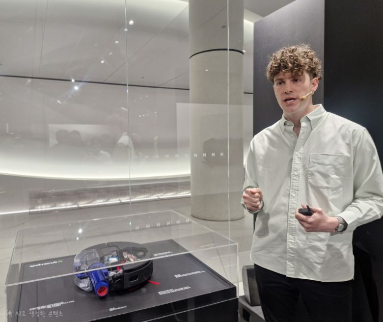 네이슨 로슨 맥클린 다이슨 시니어 디자인 매니저가 22일 서울 더현대에서 스팟앤스크럽 Ai 로봇청소기를 설명하고 있다.