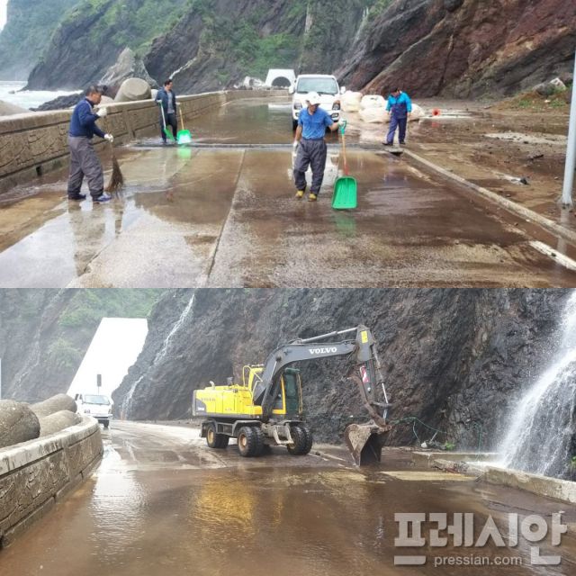 ▲태풍 잔해 및 일주도로 복구에 안간힘을 쏟고 있다 ⓒ프레시안(황진영)