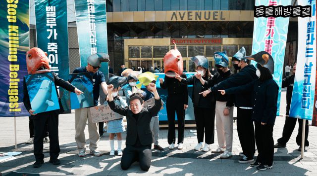 ▲ 해양생물의 탈을 쓴 시민 활동가들이 롯데그룹 신동빈 대표의 방류 책임 방기를 규탄하는 퍼포먼스를 펼치고 있다. ⓒ동물해방물결