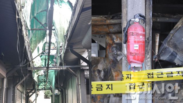 ▲ 21일 광주 광산구 비아5일시장의 화재 현장에는 녹아버린 소화기와 플라스틱 지붕 등이 방치돼 있다. ⓒ프레시안(임채민)