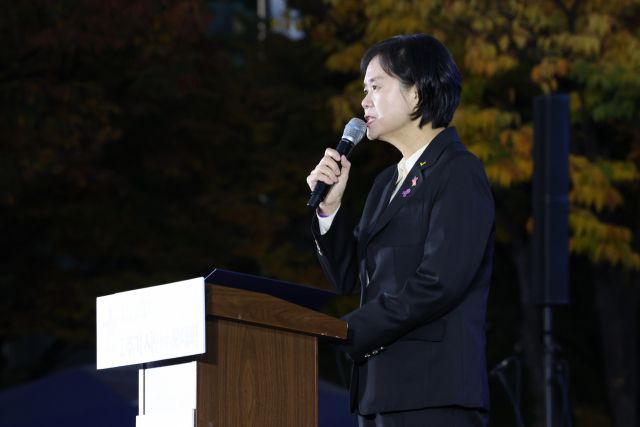 ▲정의당 이정미 대표가 29일 오후 서울 중구 서울광장에서 열린 이태원 참사 1주기 시민추모대회에서 추모사를 하고 있다. ⓒ연합뉴스