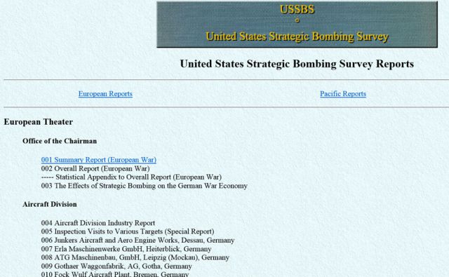 ▲ 독일과 일본을 겨냥한 공습 효과를 검증한 미 전략폭격조사단(USSBS) 보고서 웹사이트. 보고서는 '공습으로 결정적인 전쟁 승리를 가져오지 못했고 오히려 적국의 저항의지 높였다'고 지적했다.
