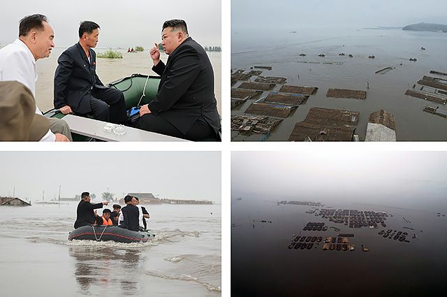 ▲ 북한 노동당 기관지 <로동신문>은 7월 31일 당 중앙위원회 제8기 제22차 정치국 비상확대회의가 29일부터 30일까지 평안북도 신의주시 피해 지역에서 진행됐으며 김정은 국무위원장이 회의를 주재했다고 보도했다. 김 위원장(왼쪽 위 사진에서 맨 오른쪽)이 수해 지역을 보트를 타고 돌아보고 있다. ⓒ로동신문=뉴스1