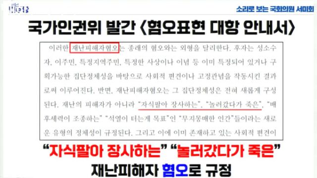 ▲더불어민주당 서미화 의원이 제시한 인권위의 <혐오표현 대항 안내서>. ⓒ국회방송