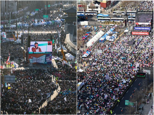 ▲ 3월 29일 서울 종로구 광화문 일대에서 윤석열 대통령 찬반 집회가 열리고 있다. 왼쪽은 윤석열 즉각 퇴진 사회대개혁 17차 범시민대행진, 오른쪽은 자유통일당 탄핵 반대 집회. ⓒ연합뉴스