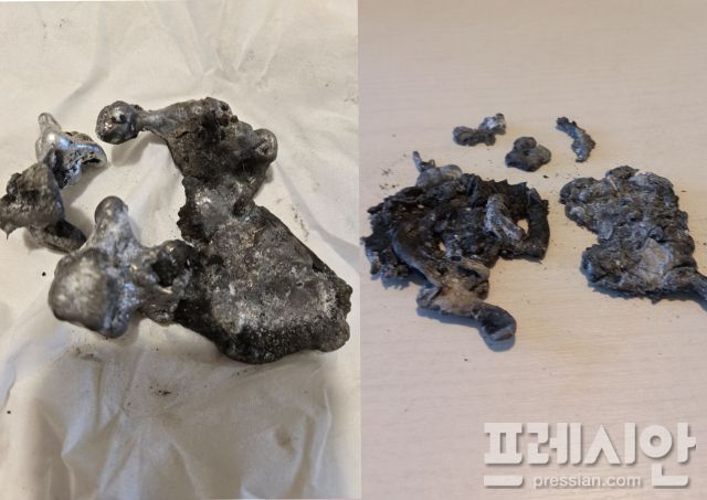 ▲ 철거 현장 잿더미 속에서 발견된 귀금속. 높은 열과 화합물에 의해 반응하여 검게 변색이 일어나 형태를 알아볼 수 없을 정도로 변했다. ⓒ 독자제공