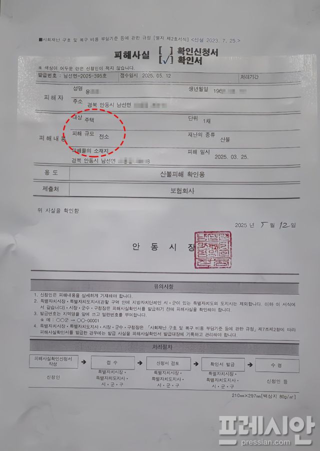 ▲ 안동시는 해당 주택의 피해 규모를 전소로 확인했다. ⓒ 독자제공