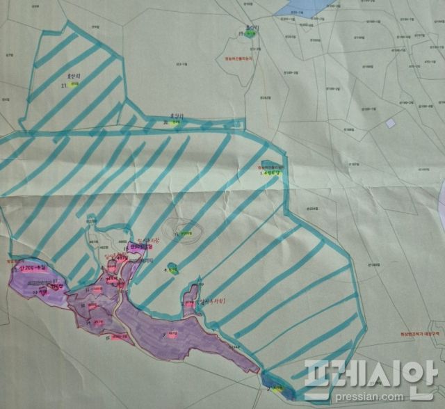 ▲화순군이 특정문중과 임대 계약한 땅 중에는 사업지 일원에서 벗어난 곳도 있으며, 가족놀이공원 일부는 보전관리지역도 포함돼 있다.ⓒ프레시안