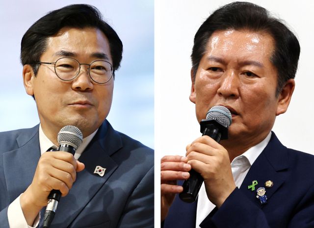 ▲더불어민주당 당 대표 선거에 출마한 정청래 의원(오른쪽)과 박찬대 의원은 주말 지역 당원들과 만나 본격적인 표심 잡기에 나섰다. 지난 5일 전주대 토크콘서트에 참석한 박 의원과 지난 6일 광주 김대중컨벤션 센터에서 열린 북콘서트에 참석한 정 의원. ⓒ연합뉴스