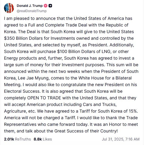 ▲도널드 트럼프 미국 대통령이 트루스소셜에 한미 관세협정 내용을 30일(현지시간) 공개했다. 트루스소셜 갈무리.