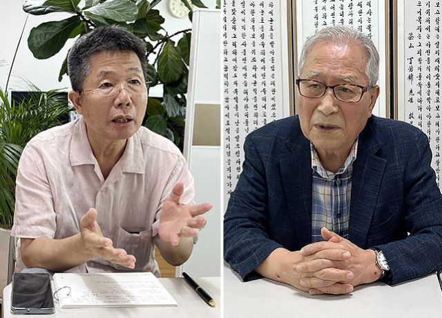 ▲ 정세현(오른쪽) 전 통일부 장관과 박인규 <프레시안> 상임고문. ⓒ프레시안(이재호)