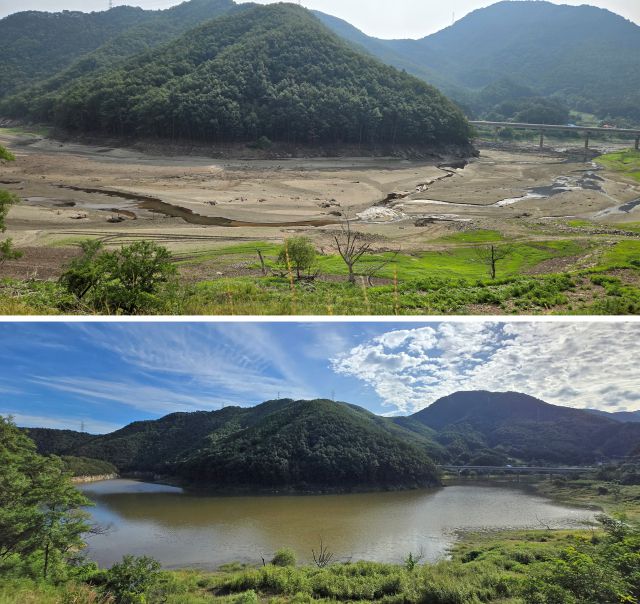 ▲강원 강릉지역 생활용수의 87%를 공급하는 상수원 오봉저수지의 8월 하순 최악의 가뭄 시기와 23일 오전 물이 가득한 모습이다. 11.5%까지 떨어졌던 오봉저수지는 최근 내린 비로 많은 물이 유입되면서 저수율 62.1%를 기록하고 있다. 앞서 행정안전부는 22일 지난달 30일 가뭄으로 강릉시에 선포했던 가뭄 재난사태를 24일 만인 오후 6시부로 해제했다. ⓒ연합뉴스