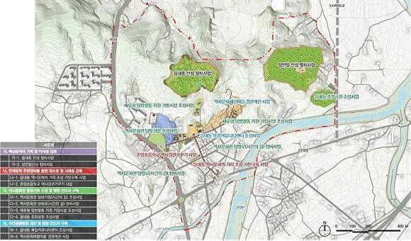 ▲정비 범위에는 읍내동 산성을 비롯해 읍내동 당간지주, 온주아문·관아, 온양향교 등 연계 유적이 포함됐다 ⓒ아산시