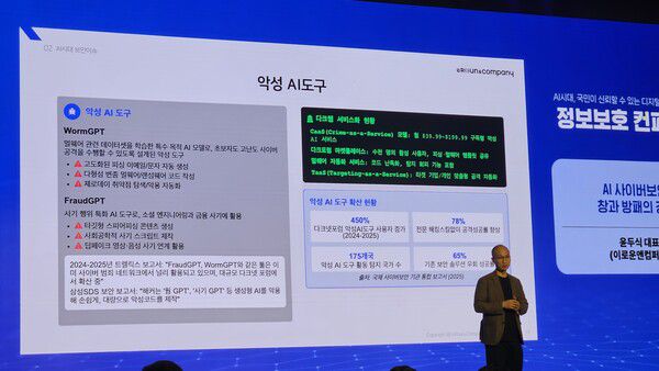 윤두식 이로운앤컴퍼니 대표는 9일 제14회 정보보호의 날 기념식에서 'AI 사이버보안 : 창과 방패의 경쟁'을 주제로 기조연설하고 있는 모습. [사진: 디지털투데이]