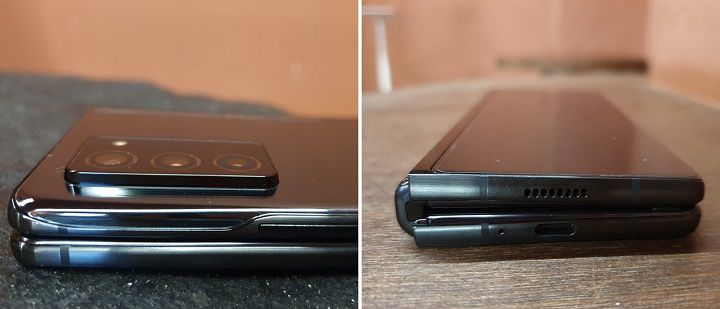 갤럭시 Z 폴드 2 옆면. 전작에 비해 카메라는 더 튀어나왔지만 얇아졌다. /사진=백유진 기자
