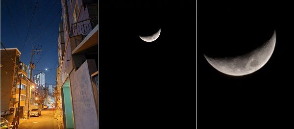 갤럭시S21 울트라로 촬영한 달 사진. 왼쪽은 줌하지 않은 사진이고, 중간은 30배줌, 오른쪽은 100배줌이다. 삼각대 없이 손으로 들고 찍었는데도 꽤나 쉽게 촬영할 수 있었다. /사진=백유진 기자