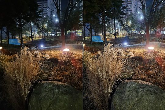 갤럭시S21 울트라로 촬영한 사진. 왼쪽이 일반, 오른쪽이 야간모드를 적용한 사진이다. 더욱 밝게 촬영될 뿐만 아니라 사물 윤곽도 더 뚜렷하게 잡아낸다./사진=백유진 기자