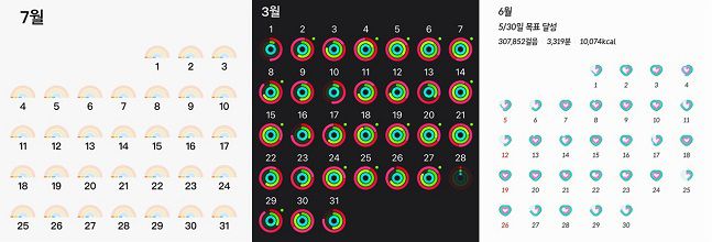 (왼쪽부터)샤오미·애플·삼성전자의 피트니스앱. 애플워치와 갤럭시워치의 경우 각사의 스마트폰과 연동이 잘 돼 활동량 기록이 즉각적으로 업데이트 됐지만, 샤오미의 경우 활동량을 매일 기록해도 앱에 기록되지 않는 오류가 있었다. /사진=각사 앱 캡처