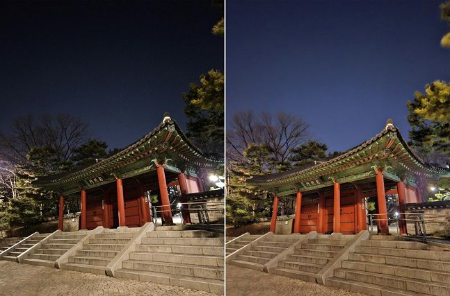 갤럭시S23 플러스로 촬영한 사진. 왼쪽은 일반, 오른쪽은 야간모드를 적용했다. 야간모드를 적용하니 전체적으로 사진이 환해졌다./사진=백유진 기자 byj@