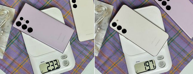 갤럭시S23 울트라(왼쪽)와 플러스(오른쪽) 무게 비교./사진=백유진 기자 byj@