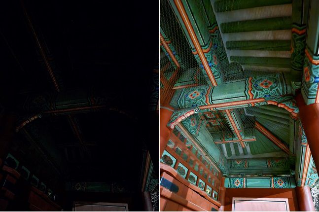 갤럭시S23 플러스로 촬영한 사진. 왼쪽은 일반, 오른쪽은 야간모드를 적용했다. 야간모드를 적용하니 깜깜했던 서까래에 무늬가 선명히 드러났다./사진=백유진 기자 byj@