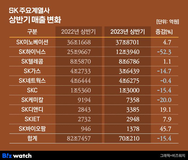 SK 주요계열사 상반기 매출 변화 / 그래픽=비즈워치